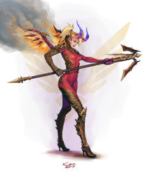  1girl absurdres adapted_costume alternate_hair_color alternate_hairstyle armor artist_name blonde_hair bodysuit boots breasts chaos_(warhammer) covered_erect_nipples covered_navel crossover dark_persona dated demon_horns devil_mercy embellished_costume emblem facial_mark faulds fiery_wings forehead_mark full_body gauntlets gloves greaves high_heel_boots high_heels highres holding holding_staff horns khantian lips looking_away looking_to_the_side mechanical_wings medium_breasts mercy_(overwatch) no_tail nose official_alternate_costume orange_wings overwatch overwatch_1 parted_lips pauldrons pointy_ears ponytail short_hair shoulder_armor shoulder_spikes signature simple_background single_gauntlet skin_tight smoke sneer solo spikes staff tail walking warhammer_40k white_background wings  rating:Sensitive score:30 user:danbooru