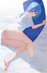  1girl anklet ass bed blue_eyes blue_hair blush closed_mouth feet frown hair_between_eyes highres holding hololive hoshimachi_suisei hugging_object jewelry legs looking_at_viewer lying official_alternate_hair_length official_alternate_hairstyle panties pillow pillow_hug raeis shirt single_bare_shoulder solo star_(symbol) star_in_eye symbol_in_eye toes underwear virtual_youtuber white_shirt 
