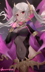  1girl armlet bodystocking breasts bridal_gauntlets cape cleavage collar covered_navel dark_persona earrings evil_grin evil_smile eyes_of_grima fang fire_emblem fire_emblem_awakening fire_emblem_heroes floating_hair grima_(fire_emblem) grin hair_ornament hand_tattoo haru_(nakajou-28) high_collar highres jewelry long_hair looking_at_viewer medium_breasts nintendo official_alternate_costume purple_cape red_eyes robin_(female)_(fire_emblem) robin_(fire_emblem) see-through see-through_cleavage smile solo swept_bangs tattoo teeth twintails twitter_username white_hair  rating:Sensitive score:40 user:danbooru