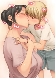 1boy 1girl age_difference black_hair blonde_hair breasts closed_eyes hair_bun height_difference hetero highres kiss large_breasts mature_female muraosamu shiny_skin short_hair shota single_hair_bun standing sweat tagme tall_female upper_body rating:Questionable score:349 user:super_tight_loli