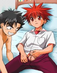  2boys bed blush clothed_male_nude_male dnangel flaccid foreskin grin male_focus masturbation multiple_boys niwa_daisuke nude open_fly penis red_hair saehara_takeshi shota smile spread_legs testicles trick uncensored undressing unzipped yaoi  rating:Explicit score:54 user:patbruns