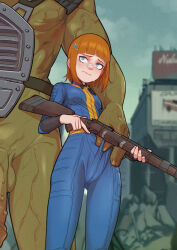  1boy 1girl age_difference bandages blue_eyes breasts cameltoe cleft_of_venus closed_mouth clothed_female_nude_male clothes_grab clothes_tug colored_skin fallout_(series) fallout_3 from_below green_skin gun hair_ornament hairclip hetero holding holding_weapon huge_penis imminent_rape loli looking_at_another looking_to_the_side looking_up makguff medium_hair miranda_(lilandy) nervous nude orange_hair original outdoors pale_skin penis rifle size_difference sky small_breasts solo_focus standing straight-on super_mutant sweat testicles uncensored vault_suit wavy_mouth weapon worried  rating:Explicit score:515 user:Only_Kemonomimi