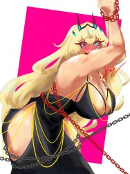  absurdres armpits asymmetrical_bangs bad_tag bare_shoulders barghest_(fate) bdsm biceps black_dress blonde_hair blue_eyes blush bondage bound breasts chain cleavage dress embarrassed fairy fate/grand_order fate_(series) hanging_breasts heterochromia highres horns large_breasts long_hair muscular red_eyes ribs sexually_suggestive thighs very_long_hair wide_hips 