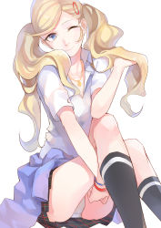  10s 1girl absurdres blonde_hair blue_eyes earrings hair_ornament hairclip highres jewelry long_hair looking_at_viewer necklace one_eye_closed panties pantyshot persona persona_5 plaid plaid_skirt pleated_skirt school_uniform simple_background sitting skirt smile solo takamaki_anne twintails underwear white_background yft000  rating:Sensitive score:38 user:danbooru