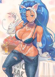  1girl ;) abs ahoge animal_ear_fluff animal_ears animal_hands apple apple_juice artist_name big_hair bikini_tan blue_bra blue_eyes blue_hair blue_ribbon body_fur bra breasts cat_ears cat_girl cat_paws claw_pose claws commentary cowboy_shot cup denim drinking_glass english_text fang felicia_(vampire) food food_stand fruit hair_ribbon hand_up heart highres howxen huge_ahoge jeans juice large_breasts leaning_on_table long_hair looking_at_viewer one_eye_closed open_fly pants patreon_username pubic_hair red_nails ribbon smile solo star_(symbol) tan tanline torn_clothes torn_jeans torn_pants underwear unzipped vampire_(game) veins veiny_breasts very_long_hair white_fur wink_star  rating:Sensitive score:50 user:danbooru