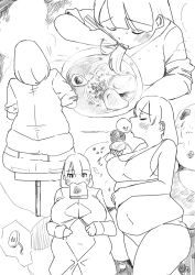  breasts eating fat food fusa_(starless2323) highres ice_cream large_breasts monochrome obese sketch stomach tagme  rating:Questionable score:4 user:emisan01