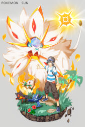  1boy backpack bag baseball_cap bird black_hair black_hat black_pants blue_footwear cat closed_mouth commentary copyright_name creatures_(company) dirt elio_(pokemon) english_commentary falling_rock fire flower full_body game_freak gen_7_pokemon grass grey_background hat highres legendary_pokemon litten looking_at_viewer male_focus matsu-jun nintendo open_mouth palm_tree pants png-to-jpg_conversion pokemon pokemon_(creature) pokemon_sm popplio red_flower rowlet seal_(animal) shirt shoes short_hair short_sleeves smile solgaleo solo space_print standing starry_sky_print striped_clothes striped_shirt sun third-party_source tree white_fur white_shirt 