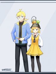  1boy 1girl aged_up ahoge alternate_costume black_pants black_pantyhose blonde_hair blue_jacket bonnie_(pokemon) brother_and_sister bucket_hat clemont_(pokemon) closed_mouth commentary creatures_(company) dedenne dress game_freak gen_6_pokemon glasses hair_ornament hairclip hat highres jacket jcstr legendary_pokemon long_sleeves looking_at_viewer nintendo on_head open_clothes open_jacket pants pantyhose pokemon pokemon_(anime) pokemon_(creature) pokemon_on_head pokemon_xy_(anime) ponytail round_eyewear shirt siblings smile white_shirt yellow_dress zygarde zygarde_core 