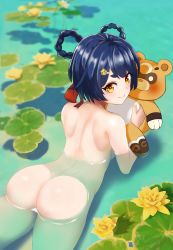 1girl absurdres ass back bare_back blue_hair blush braid braided_hair_rings breasts completely_nude female_focus flower genshin_impact guoba_(genshin_impact) hair_rings happyboynumber1 highres looking_at_viewer looking_back lotus lying medium_breasts nude o_o on_stomach panda partially_submerged pond short_eyebrows smile solo thick_eyebrows water wet wide-eyed xiangling_(genshin_impact) yellow_eyes rating:Questionable score:241 user:danbooru