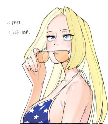  1girl america_(ohasi) american_flag american_flag_print bare_arms bare_shoulders bikini blue_eyes blush breasts cleavage collarbone english_text flag_print hand_up large_breasts long_hair ohasi open_mouth original parted_bangs shiny_skin skindentation solo string_bikini sunglasses sweat swimsuit upper_body  rating:General score:3 user:Sexy_Prince