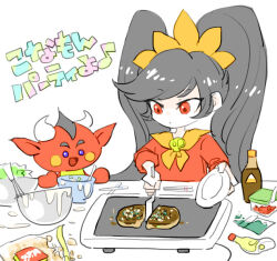 1girl :o ascot ashley_(warioware) bag bib black_hair blush_stickers bowl colored_skin cookie cooking cutting demon dress food grey_hair hairband holding holding_knife holding_plate horns knife long_hair long_sleeves looking_at_food nintendo open_mouth orange_ascot parted_lips plate purple_eyes red_(warioware) red_dress red_eyes red_skin red_sleeves short_hair skull_brooch smile solid_circle_eyes thick_eyebrows translation_request tsui_ni_tsuin twintails upper_body very_long_hair very_short_hair warioware warioware:_move_it! whisk white_background white_horns yellow_hairband 