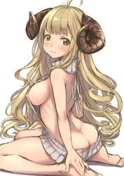 1girl ahoge anila_(granblue_fantasy) ass barefoot blonde_hair blush breasts brown_eyes butt_crack closed_mouth draph from_side granblue_fantasy hand_on_own_foot hand_on_own_thigh head_tilt highres horns large_breasts long_hair looking_at_viewer meme_attire piano-alice sideboob sketch smile solo sweater thick_eyebrows turtleneck turtleneck_sweater very_long_hair virgin_killer_sweater white_background rating:Sensitive score:25 user:danbooru