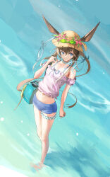  1girl absurdres amiya_(arknights) animal_ears arknights armpit_crease bag bare_legs bare_shoulders barefoot blue_bag blue_bow blue_eyes blue_ribbon blue_shorts bottle bow breasts brown_hair cleavage closed_mouth collarbone commentary detached_sleeves dutch_angle ears_through_headwear firehippo flower flower_request frilled_shirt frills from_above full_body hair_between_eyes hair_over_shoulder hand_up hat head_tilt highres holding_strap jewelry light_particles long_hair looking_to_the_side midriff multiple_rings official_alternate_costume outdoors pink_shirt ponytail rabbit_ears raised_eyebrows red_flower ribbon ring shirt short_shorts shorts shoulder_bag shoulder_strap sidelocks sideways_glance small_breasts smile solo standing strapless strapless_shirt straw_hat thick_eyelashes thigh_strap thighs three_quarter_view two-tone_choker very_long_hair wading water_bottle 