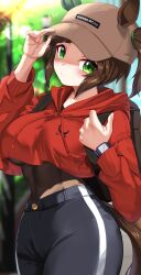  1girl absurdres animal_ears baseball_cap black_pants blush breasts brown_hair cropped_sweater green_eyes hat highres horse_ears horse_girl horse_tail ines_fujin_(umamusume) large_breasts long_hair long_sleeves looking_at_viewer maou_(maoudaisukiya) pants red_sweater side_ponytail solo sweater tail thighs umamusume 