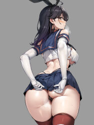 1girl absurdres ass black_hair black_hairband black_panties blue_sailor_collar blue_skirt brown_eyes cleft_of_venus cosplay cowboy_shot crop_top elbow_gloves from_behind gloves grey_background hairband highleg highleg_panties highres kantai_collection microskirt neckerchief panties sailor_collar shimakaze_(kancolle) shimakaze_(kancolle)_(cosplay) shiny_skin skindentation skirt striped_clothes striped_thighhighs thighhighs thong torisan underwear ushio_(kancolle) rating:Questionable score:69 user:danbooru