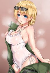  10s 1girl :d bad_id bad_twitter_id bare_shoulders black-framed_eyewear blonde_hair blue_eyes blue_gk blush braid breasts casual_one-piece_swimsuit cleavage collarbone darjeeling_(girls_und_panzer) eyewear_on_head frilled_swimsuit frills girls_und_panzer groin highres idolmaster idolmaster_cinderella_girls inactive_account jewelry large_breasts looking_at_viewer necklace one-piece_swimsuit open_clothes open_mouth over-rim_eyewear pendant pink_background semi-rimless_eyewear shiny_skin short_hair side-tie_swimsuit smile solo standing steaming_body strap_gap sunglasses sweat swimsuit swimsuit_under_clothes tareme undressing wet wet_clothes wet_swimsuit white_one-piece_swimsuit  rating:Sensitive score:41 user:danbooru
