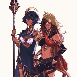  2girls ankh arm_armor armlet asymmetrical_clothes blue_hair candace_(genshin_impact) choker criss-cross_halter crossed_bangs crossed_belts dangle_earrings dark-skinned_female dark_skin dehya_(genshin_impact) earrings egyptian_clothes eye_of_horus genshin_impact gold_choker gold_trim hair_ears halterneck hand_on_own_hip heterochromia highres holding holding_polearm holding_weapon jewelry kunniho looking_at_viewer multicolored_hair multiple_girls multiple_thigh_straps neck_ring pants pointy_hair polearm short_hair_with_long_locks simple_background single_pantsleg smile staff_of_the_scarlet_sands_(genshin_impact) streaked_hair thighlet torn_clothes torn_pants upper_body vision_(genshin_impact) weapon white_background yellow_eyes 
