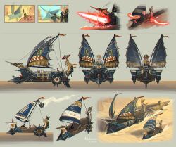  absurdres character_sheet desert fantasy glowing glowing_weapon grey_background highres no_humans original paddle_wheel porforever sail sand ship watercraft weapon 