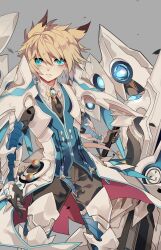  1boy absurdres arm_armor armor black_gloves black_pants blonde_hair blue_eyes buttons chung_seiker elsword expressionless gloves grey_background highres holding holding_weapon kio_(cua_tribal) leg_armor looking_at_viewer multicolored_hair necktie pants patterned_eyes shoulder_armor solo tactical_trooper_(elsword) two-tone_hair weapon white_armor 