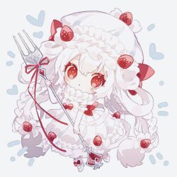 1girl alcremie alcremie_(salted_cream) alcremie_(strawberry_sweet) blush braid chibi creatures_(company) dress food-themed_hair_ornament fork game_freak gen_8_pokemon gloves hair_ornament hair_rings hat hibi89 high_heels holding holding_fork long_hair looking_at_viewer mob_cap nintendo open_mouth personification pokemon red_eyes solo strawberry_hair_ornament twin_braids very_long_hair white_dress white_footwear white_gloves white_hair white_hat