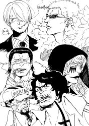  6+boys absurdres aramaki_(ryokugyu) ascot beard black_hair black_necktie black_suit blonde_hair brothers cigar cigarette clothes_writing coat crocodile_(one_piece) cropped_shoulders curly_hair donquixote_doflamingo donquixote_rocinante earrings ebiflyebi facial_hair feather_coat formal fur_coat hair_slicked_back highres jewelry looking_at_viewer looking_to_the_side makeup male_focus monochrome multiple_boys necktie one_piece open_mouth parted_lips portrait roronoa_zoro sakazuki_(akainu) sanji_(one_piece) scar scar_on_face short_hair siblings smoking suit sunglasses twitter_username white_background 