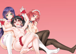 10s 3girls armpits arms_up barefoot black_hair black_legwear blush breasts cle_masahiro feet fingerless_gloves gloves green_eyes grin holding_hands bridal_garter long_hair looking_at_viewer love_live! love_live!_school_idol_project maid_headdress multiple_girls nipples nishikino_maki no_shoes nude open_mouth purple_eyes red_eyes red_gloves red_hair short_hair small_breasts smile soles teeth thighhighs thighs toes tojo_nozomi twintails white_legwear yazawa_nico rating:Questionable score:159 user:danbooru