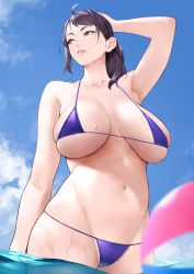  1girl absurdres ball bare_shoulders beach beachball bikini blue_sky blush breasts cleavage collarbone highres large_breasts long_hair looking_to_the_side mature_female navel original purple_bikini purple_eyes purple_hair skindentation skinny sky solo swimsuit thighs wading yoshio_(55level)  rating:Sensitive score:126 user:danbooru