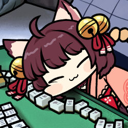  1girl :3 ahoge animal_ears bell blush brown_hair cat_ears cat_girl chibi closed_mouth commentary hair_bell hair_ornament hair_ribbon ichihime japanese_clothes jazz_jack jingle_bell kimono lowres mahjong mahjong_soul mahjong_table mahjong_tile medium_bangs pink_kimono red_ribbon ribbon short_hair sleeping smile solo table upper_body 