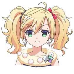  10s 1girl ahoge blonde_hair bow chitose_haru earrings female_focus green_eyes hair_bow hair_ornament jewelry long_hair lowres official_art ongaku_shoujo portrait sleeveless smile solo transparent_background twintails  rating:Sensitive score:1 user:Collector-chan