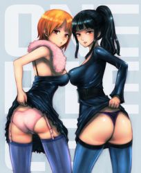  2girls armpits ass bare_shoulders belt black_hair blue_legwear blush breasts brown_eyes clothes_pull dress female_focus huge_ass large_breasts legs lipstick long_hair looking_at_viewer looking_back makeup miniskirt multiple_girls nami_(one_piece) nico_robin nose one_piece orange_hair panties pink_panties ponytail purple_panties red_eyes red_lips shiny_skin short_hair simple_background skirt skirt_pull smile standing striped_clothes striped_panties thighhighs topless underwear  rating:Questionable score:60 user:Spiegel666