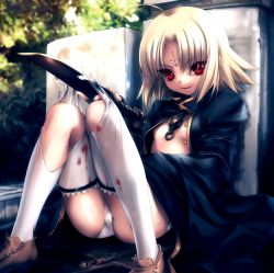  1girl ahoge blood cross facial_mark female_focus flat_chest highres hitomaru jacket knees_together_feet_apart knife loli looking_at_viewer nil-eve no_bra open_clothes open_jacket original panties pantyshot short_hair sitting smile solo thighhighs torn_clothes torn_thighhighs underwear 