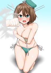 &gt;:o 10s 1girl 30-06 :o absurdres angry antennae armpits bad_id bad_nicoseiga_id beret bikini blush breasts brown_hair collarbone covered_erect_nipples covering_breasts covering_privates fingernails foreshortening full-face_blush gradient_background green_bikini green_eyes green_hat groin hair_between_eyes hair_ornament hat highres kantai_collection kneeling looking_at_viewer machinery maya_(kancolle) maya_kai_ni_(kancolle) medium_breasts navel nipple_slip nipples open_mouth pov punching ribbon side-tie_bikini_bottom simple_background solo stomach swimsuit teardrop tears thigh_gap toes tsurime untied_bikini v-shaped_eyebrows wardrobe_malfunction white_ribbon wide_hips x_hair_ornament rating:Questionable score:23 user:danbooru