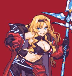  1girl bent_over blonde_hair blue_eyes breasts cleavage cowboy_shot glaceo gloves granblue_fantasy hand_on_own_hip holding holding_polearm holding_weapon large_breasts long_hair looking_at_viewer midriff navel official_alternate_costume polearm red_background simple_background single_off_shoulder smile solo spear sprite_art v-shaped_eyebrows weapon zeta_(granblue_fantasy) zeta_(grand)_(granblue_fantasy) 
