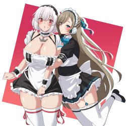  2girls absurdres anchor_symbol apron asuna_(blue_archive) azur_lane black_dress black_footwear blue_archive blue_bow blue_bowtie blue_eyes blue_ribbon bow bowtie breasts cleavage commentary_request crossover dress frilled_dress frills garter_straps gloves hair_ribbon headphones highres hug huge_breasts light_brown_hair long_hair maid maid_headdress mole mole_on_breast multiple_girls nanohana_(november.) neck_ribbon partial_commentary puffy_short_sleeves puffy_sleeves red_eyes ribbon short_dress short_hair short_sleeves simple_background sirius_(azur_lane) skindentation thighhighs very_long_hair white_apron white_gloves white_hair white_thighhighs wrist_cuffs 