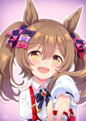  1girl :d animal_ears belt black_ribbon blurry blush bow breasts brown_hair center_frills collared_shirt commentary_request depth_of_field double-parted_bangs frilled_wrist_cuffs frills gem goma_konbu gradient_background hair_between_eyes hair_bow hair_over_shoulder hair_ribbon head_tilt highres horse_ears horse_girl long_hair looking_at_viewer neck_ribbon open_mouth outline outstretched_hand pink_background pink_bow pink_ribbon puffy_short_sleeves puffy_sleeves purple_bow purple_ribbon raised_eyebrows red_belt red_gemstone red_wrist_cuffs ribbon shirt short_sleeves small_breasts smart_falcon_(umamusume) smile solo sweat twintails two-tone_ribbon umamusume upper_body v white_background white_outline white_shirt wrist_cuffs yellow_eyes 