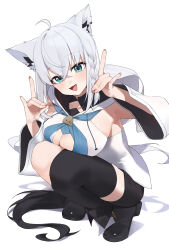  1girl absurdres ahoge alternate_breast_size animal_ears black_shorts black_tail blue_eyes blue_neckerchief blush braid breasts cleavage cleavage_cutout clothing_cutout d4kou16 detached_sleeves double_fox_shadow_puppet ear_down flying_sweatdrops fox_ears fox_girl fox_shadow_puppet fox_tail front_slit highres hololive hood hood_down hooded_vest hoodie large_breasts looking_at_viewer medium_hair neckerchief shirakami_fubuki shirakami_fubuki_(1st_costume) short_hair shorts side_braid simple_background single_braid single_thighhigh solo squatting strapless tail thighhighs upper_body vest virtual_youtuber white_background white_hood white_sleeves white_vest wide_sleeves 