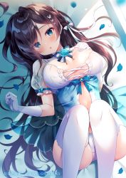  1girl :o blue_eyes blue_shirt blush bow bowtie braid breasts brown_hair butterfly_hair_ornament cleavage cleavage_cutout clothing_cutout commentary_request curly_hair gloves hair_bow hair_ornament hand_on_own_chest highres large_breasts legs_up long_hair looking_at_viewer lying nanohana_kohina on_back open_mouth original panties petals see-through see-through_skirt see-through_sleeves shirt shirt_bow skirt solo thighhighs thighs underwear white_gloves white_panties white_shirt white_thighhighs  rating:Sensitive score:7 user:danbooru
