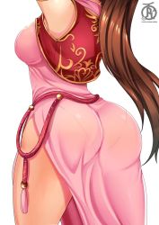  1girl arms_up ass ass_focus breasts brown_hair dress fire_emblem fire_emblem:_mystery_of_the_emblem fire_emblem_warriors hip_focus huge_ass large_breasts linde_(fire_emblem) long_hair nintendo panties pantylines pantyshot pink_dress ponytail revolverwing side_slit simple_background solo thick_thighs thighs underwear very_long_hair wedgie wide_hips  rating:Questionable score:145 user:dogfire22