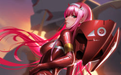  1girl artist_request blurry blurry_background bodysuit breasts darling_in_the_franxx detail eyeliner eyeshadow gloves green_eyes highres horns long_hair makeup mecha medium_breasts oni_horns pink_hair realistic red_bodysuit red_eyeshadow red_gloves red_horns reflection robot skin_tight small_horns tagme very_long_hair zero_two_(darling_in_the_franxx)  rating:Sensitive score:6 user:MayContainYuri