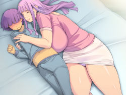  1girl :&gt; age_difference bed blush breasts bulge closed_mouth embarrassed erection erection_under_clothes eyebrows_hidden_by_hair from_above happy hetero hug huge_breasts legs long_hair lying magatsuchi_shouta navel no_eyes on_bed on_side original pajamas panties pantyshot purple_hair shota skirt smile thighs underwear yoko_juusuke  rating:Questionable score:70 user:Kentabarou