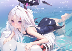 1girl ass bare_arms bare_legs bare_shoulders barefoot black_one-piece_swimsuit black_wings blue_archive blush closed_mouth demon_wings flat_chest halo highres hina_(blue_archive) hina_(swimsuit)_(blue_archive) innertube iranon_(new_iranon) looking_at_viewer name_tag official_alternate_costume one-piece_swimsuit school_swimsuit solo swim_ring swimsuit water wet wet_clothes wet_swimsuit wings rating:Sensitive score:66 user:danbooru