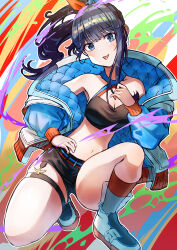  1girl absurdres blue_eyes blue_hair blue_jacket blush breasts cleavage cruzango0510 dark_blue_hair floating_hair gridman_universe gridman_universe_(film) highres jacket kneeling long_sleeves looking_at_viewer looking_down medium_breasts multicolored_background navel parted_lips ponytail red_socks shiny_skin skindentation socks solo ssss.gridman stomach takarada_rikka thick_thighs thigh_strap thighs tongue tongue_out 