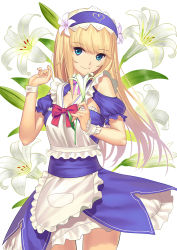  androgynous apron blonde_hair blue_eyes chevalier_d&#039;eon_(fate) dress fate/grand_order fate_(series) flower gender_request hairband lily_(flower) long_hair looking_at_viewer official_alternate_costume simple_background smile solo trap tsukikanade white_background wrist_cuffs 