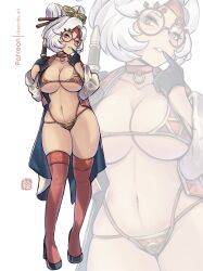  1girl alternate_costume bikini breasts chascoby flute full_body glasses gloves goggles goggles_on_head gold golf instrument large_breasts navel nintendo purah red_bikini red_thighhighs shoes swimsuit the_legend_of_zelda the_legend_of_zelda:_tears_of_the_kingdom thighhighs white_hair 