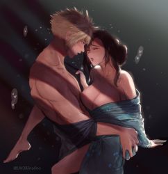  1boy 1girl ass_grab bare_shoulders barefoot black_hair blonde_hair blue_eyes blush breasts cleavage clothed_sex clothes_around_waist cloud_strife couple closed_eyes feet final_fantasy final_fantasy_vii final_fantasy_vii_remake hetero highres japanese_clothes kimono large_breasts linono long_hair looking_at_another muscular muscular_male sex spiked_hair sweat tanabata tifa_lockhart yukata  rating:Explicit score:28 user:danbooru