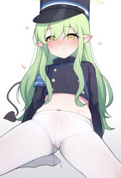  1girl absurdres black_hat black_jacket black_tail blue_archive blush cameltoe cleft_of_venus closed_mouth demon_tail gradient_background green_hair hat heart hikari_(blue_archive) highres jacket loli long_hair long_sleeves looking_at_viewer navel paingumi pantyhose peaked_cap pointy_ears pussy_juice solo tail white_pantyhose yellow_eyes 