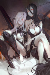 10s 2girls abyssal_ship aircraft_carrier_princess armor armored_boots battleship_princess black_dress black_hair boots breasts cancer_(zjcconan) cleavage colored_skin crossed_legs dress gauntlets greaves hair_over_one_eye highres horns kantai_collection large_breasts long_hair looking_at_viewer md5_mismatch multiple_girls one_side_up pale_skin red_eyes sailor_dress short_dress spaghetti_strap torn_clothes torn_dress very_long_hair white_hair white_skin rating:Questionable score:29 user:danbooru