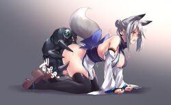  1girl all_fours animal_ear_fluff animal_ears bare_shoulders black_thighhighs breasts bug detached_sleeves doggystyle fingerless_gloves fox_ears fox_girl fox_tail from_side gloves interspecies japanese_clothes kneeling monster original panties pelvic_curtain sawaya_(mizukazu) sex sex_from_behind tail thighhighs underwear white_sleeves 