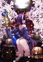 1girl absurdres anklet ass bare_shoulders barefoot black_panties cherry_blossoms cup eyeshadow fate/grand_order fate_(series) from_behind full_body full_moon gourd hair_ornament highres horns japanese_clothes jewelry kimono kneeling kuronuko_neero long_sleeves looking_at_viewer looking_back makeup moon night off_shoulder oni panties parted_lips petals planted planted_sword planted_weapon purple_eyes purple_hair sakazuki short_hair shrine shuten_douji_(fate) shuten_douji_(first_ascension)_(fate) skin-covered_horns smile solo sword thong torii underwear weapon wide_sleeves