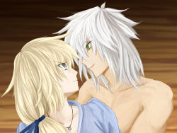  1boy 1girl angry artist_request bare_shoulders blonde_hair clothed_female_nude_male collarbone couple eye_contact game_cg green_eyes grey_eyes highres jewelry long_hair looking_at_another looking_back looking_down looking_up mirage_noir necklace nude ponytail profile ribbon serious topless_male short_hair smile tagme vesper_(mirage_noir) vienna_(mirage_noir) white_hair 
